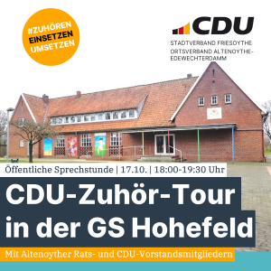 Öffentliche CDU-Sprechstunde am 17.10. ab 18 Uhr in Grundschule Hohefeld 