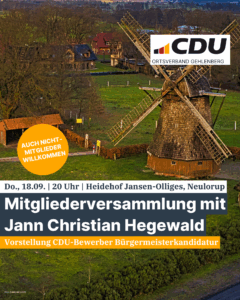 CDU-Ortsverband Gehlenberg lädt zur Mitgliederversammlung mit Bürgermeisterkandidatenvorstellung am 18.09. bei Jansen-Olliges in Neulorup