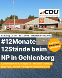 Samstag (25.10.) CDU-Infostand beim NP in Gehlenberg mit Jann Christian Hegewald 