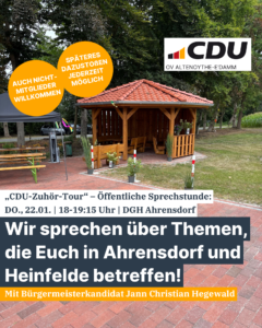 CDU-Sprechstunde mit Bürgermeisterkandidat am 22. Januar ab 18 Uhr im DGH Ahrensdorf