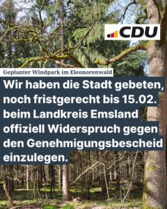 CDU-Friesoythe bittet Stadt um fristgerechten Widerspruch gegen Genehmigungsbescheid für Windpark im Eleonorenwald